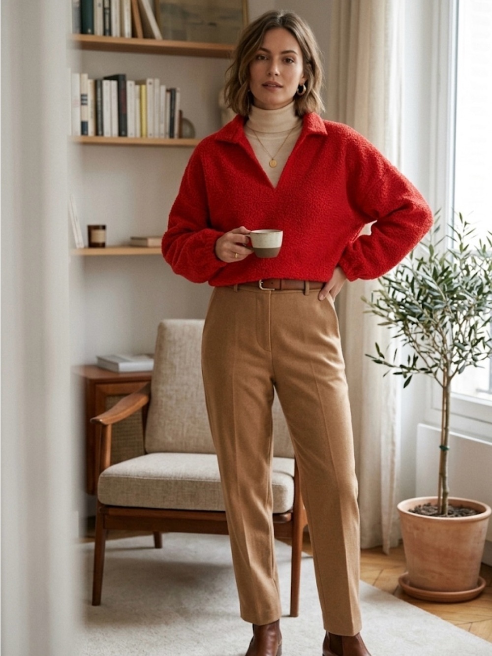 Cozy Red Sherpa Pullover with Camel High-Rise Trousers